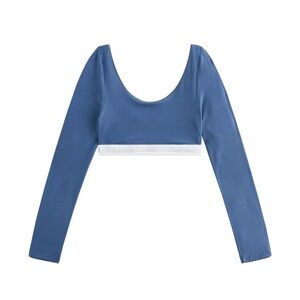 Calvin Klein Scoop-Neck Long Sleeve Crop Top in Slate Blue with White Band